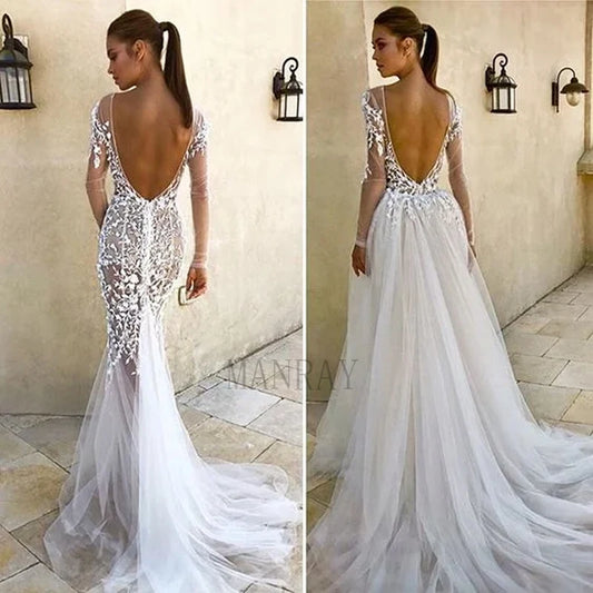 MANRAY Deep V Neck 2 in 1 Bridal Dress Detachable Sweep Train Backless Sexy Lace Sheer Tulle Mermaid Wedding Dress for Bride