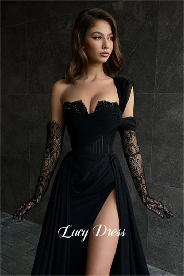 Lucy Satin Black Luxurious Evening Dress Bead Embroidery Decoration Dresses for Prom Long Wedding Party Sharon Happy 2024 New