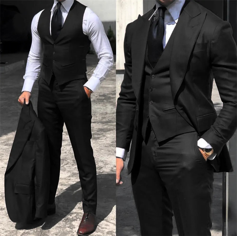 Black 3 Piece Men Suits Peak Lapel Custom Made Wedding Tuxedos Slim Fit Formal Male Suits Jacket+Pants+Vest Trajes De Hombre