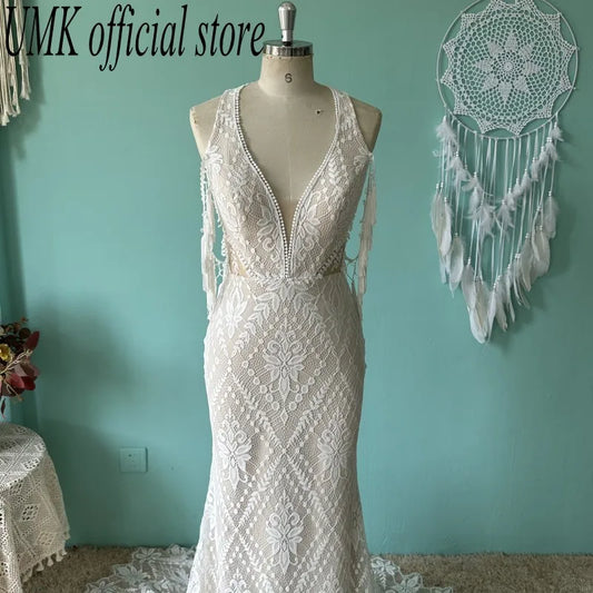 Latest Boho Mermaid Wedding Dress Unique Lace Tassel Vestido De Noiva Sexy Deep V Backless Bridal Gowns