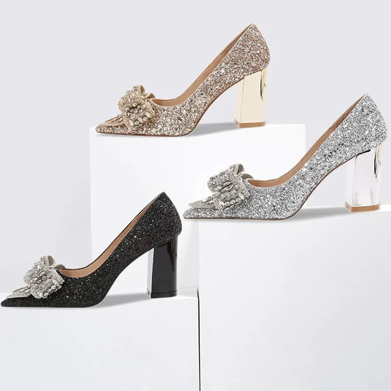 2024 New Crystal Wedding Shoes Bride Shoes Dress Bridesmaid High Heels Sequin Crystal Bow Pumps