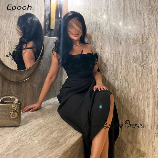 Luxury Evening Dress For Sexy Women 2024 فساتين السهرة Boat Neck Elegant Feathers Straight Black Cocktail Party Prom Gown