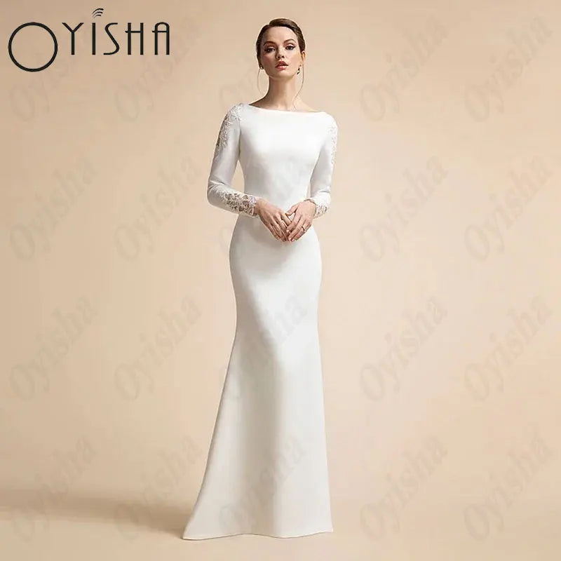 OYISHA Applique Long Sleeves Muslim Wedding Dresses Satin Mermaid Classic Bridal Gown Arab Scoop Sweep Train Vestido De Mariages