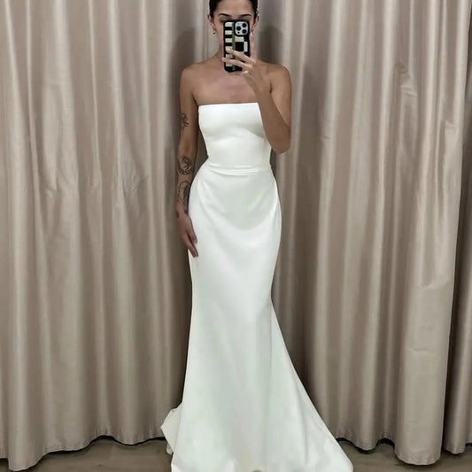 Simple Beach Wedding Dress Satin Mermaid Strapless For Women Charming Bridal Gowns Customize To Measures Elegant Robe De Mariee
