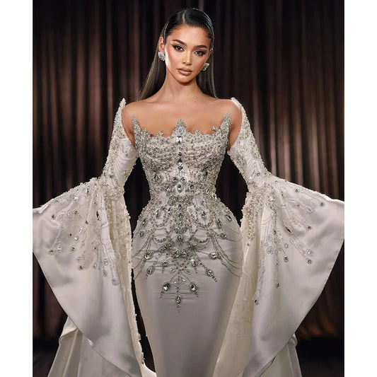 Luxury Crystal Beading White Evening Dress Long Sleeve Chapel Train Mermaid Luxury Formal Prom Dresses Gorgeous Wedding Gown