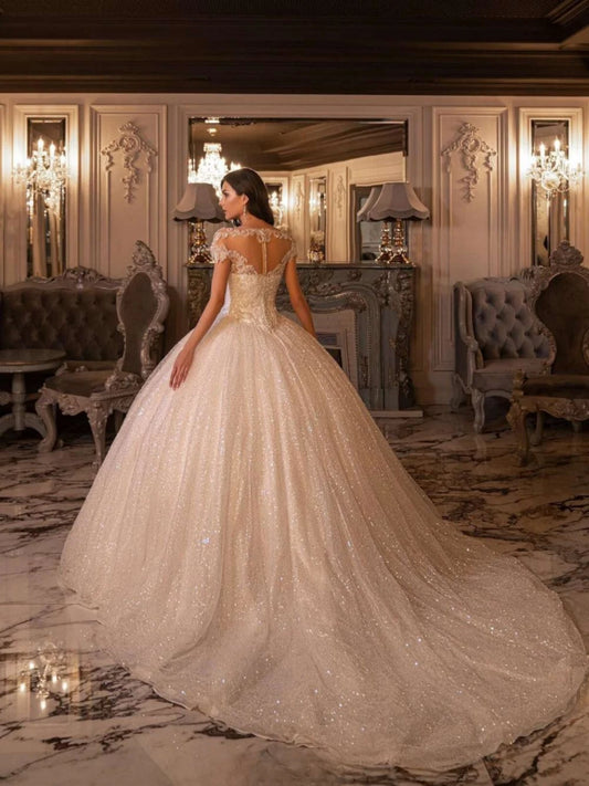 Classic O-neck Short Sleeve Wedding Dress Sparkly Beads Sequins Bridal Gown Graceful Ball Gown Long Bride Robe Vestidos De Novia