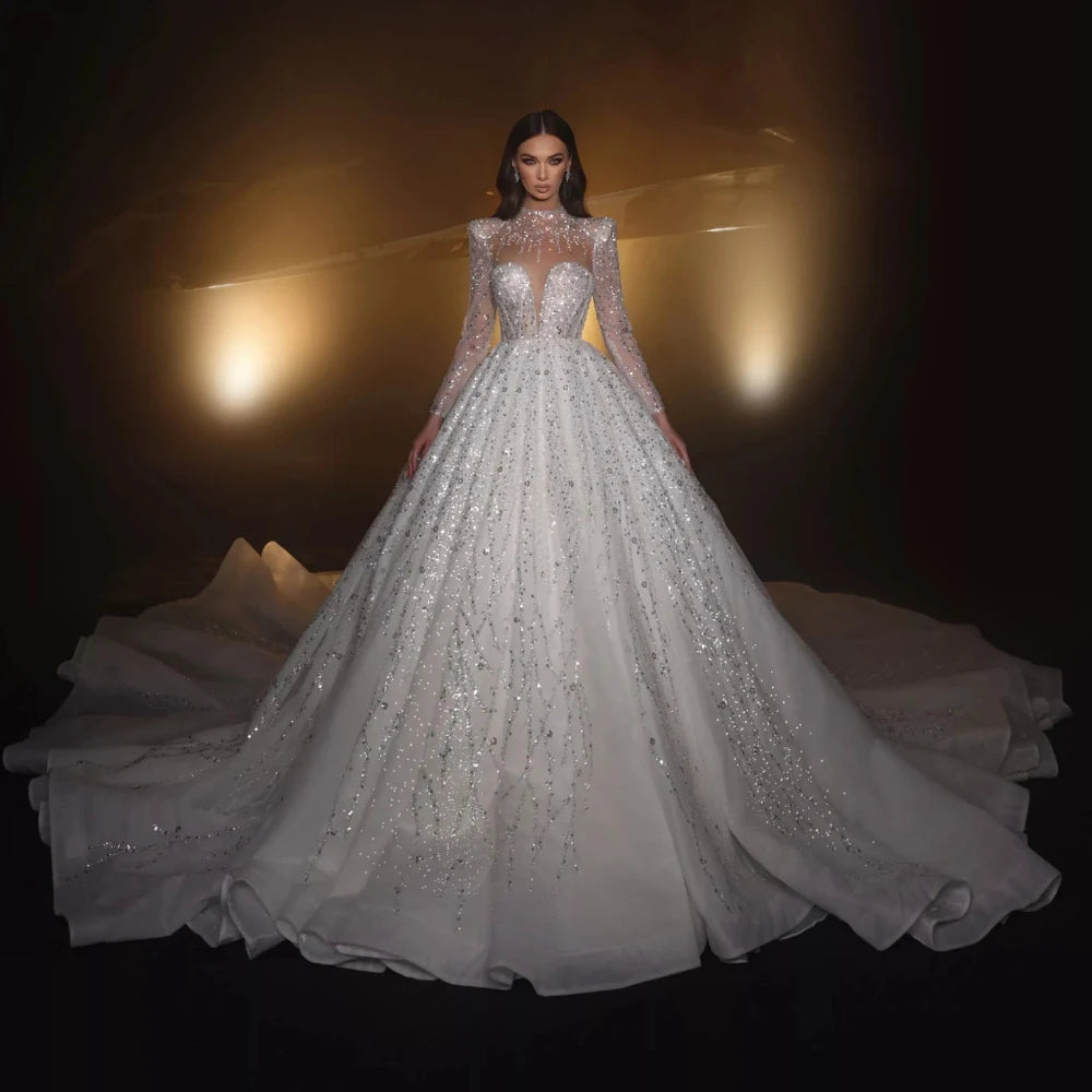 Modest High Collar Long Sleeve Bridal Dress Sparkly Sequins Wedding Gown 2024 Luxury Ball Gown Long Bride Robe Vestido De Novia