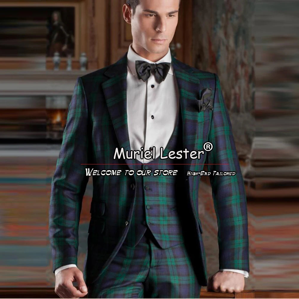 Safari Style Men Suits For Business Green Plaid Check Jacket Vest Pants 3 Pieces Prom Party Groom Wedding Tuxedos Custom Made
