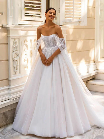 Romantic Classic Wedding Dresses For Women 2024 Boat Neck Bridal Gowns Off The Shoulder Tulle Robes Appliques Vestidos De Novia