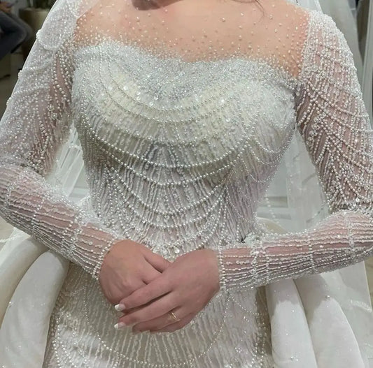 Luxury Crystal Mermaid Wedding Dress Sweetheart Long Sleeve Exquisite Beading Detachable Train Bridal Party Gowns Vestidos Novia