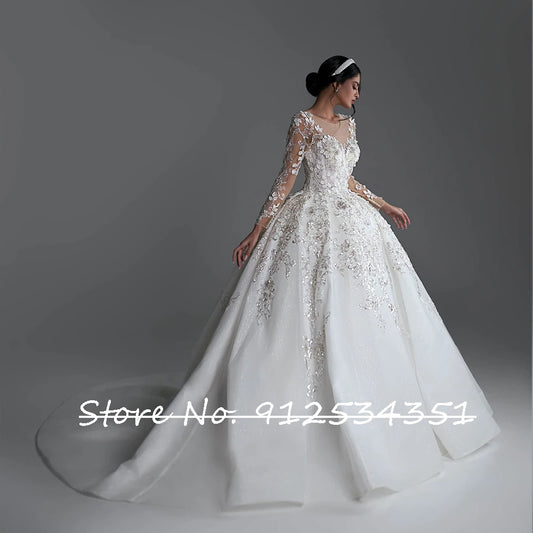 O-Neck Long Sleeve Zipper Up Back Shiny Beading Crystal Flowers Princess Ball Gown Wedding Dresses Robe De Mariée