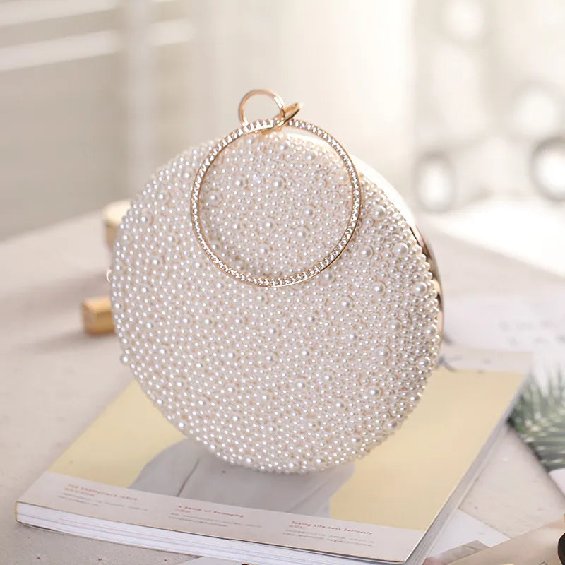 Bling Pearl Bags for Women Small Round Shape Clutch Bag Diamond Luxury Designer Handbag Female Evening Clutch Wedding Bag Z248