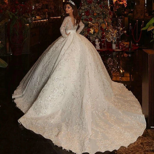 Saudi Arabic Ball Gown Illusion Back Long Sleeve Wedding Dresses 2024 Princess Sweetheart Glitter Sequined Appliques Bride Gowns
