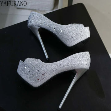Shiny Rhinestone Sequins Bridesmaid Wedding Shoes Peep Toe Platform High Heels 14CM Party Catwalk Sexy Pump Silver Size  32 33