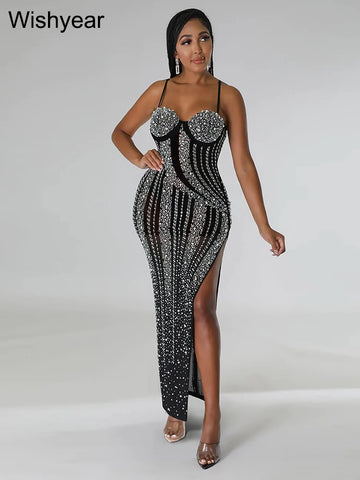 Luxury Diamonds Rhinestones Spaghetti Strap High Side Split Maxi Dress for Women Wedding Evening Birthday Party Vestidos Elegant