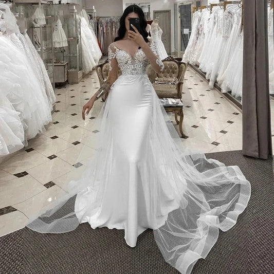 Sexy V Neck Mermaid Wedding Dress For Woman Lace Long Sleeves Appliques Detachable Tulle Train Bridal Grown 2024 Robe De Mariée