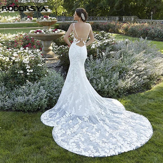 Appliques Spaghetti Straps Wedding Dress Mermaid Bridal Wedding Gown Beach Robe De Mariée Sexy Backless Buttons 2023