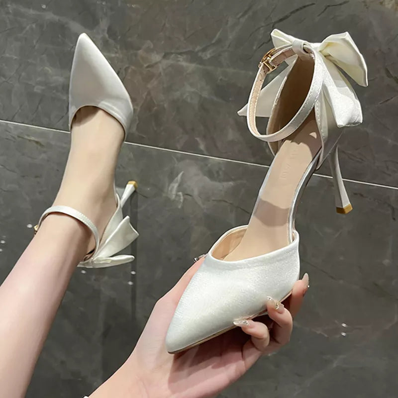 White Elegant Bowknot Thin Heels Pumps Women Pointed Toe Ankle Strap Wedding Party Shoes Woman Silk Super High Heels Bride Shoes