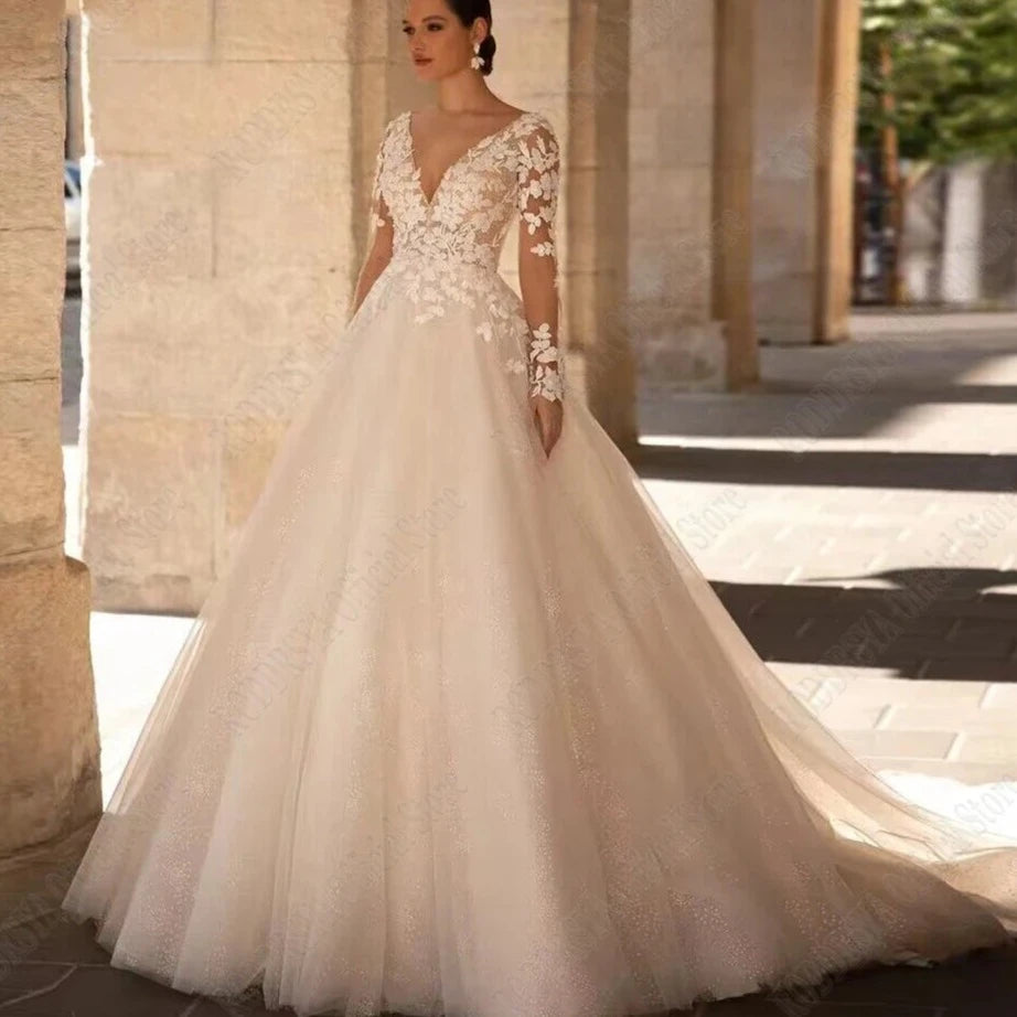Exquisite Wedding Dresses Long Sleeves Sexy Backless Bride Gowns Applique Princess Tulle A-Line vestidos de novia