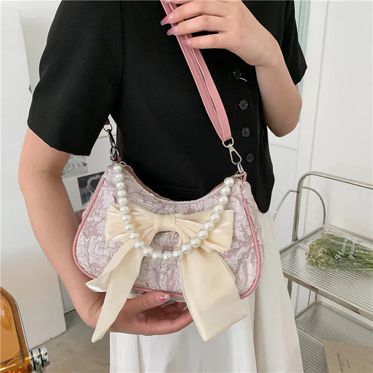 Pearl Female Bag Retro Luxury Designer Handbag Bow Crossbody Bags Fashion Canvas Women's 2023 Trend Shoulder bag Purses
