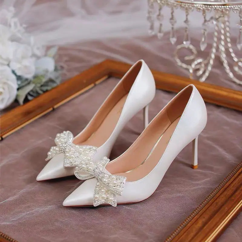 2024 New Fashion Pointed Toe High Heels Women's Stiletto White Pearl Bridal Wedding Shoes Banquet Party Shoes shoes for women