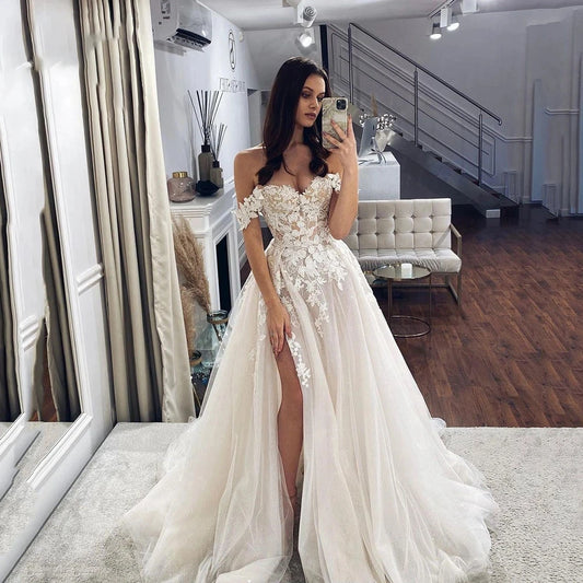 Luxurious Boho Off Shoulder Mopping Wedding Dresses Sweetheart Lace Beautiful Bridal Gowns Side Split Corset Sleeveless New 2023