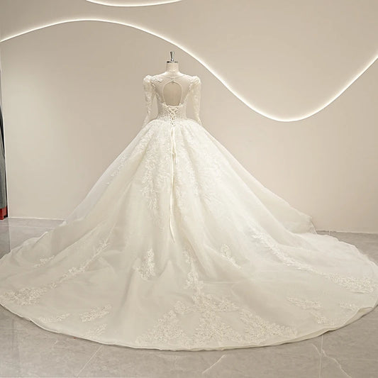 Luxury Princess Wedding Dresses Long Train Puff Sleeve Robe De Mariee Glitter Lace Crystal Ball Gown Vestido De Novia
