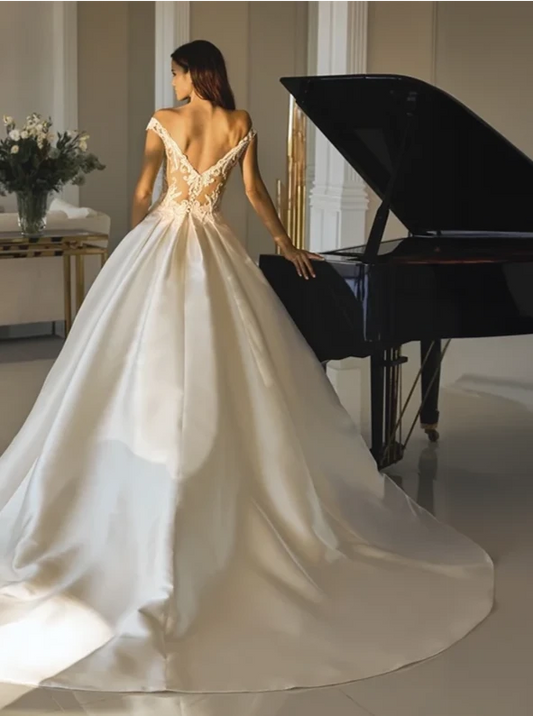 Wedding Dress Cap Sleeves Bridal Ball Gown Elegant Illusion Open Back Court Train Vestido De Noiva for Bride