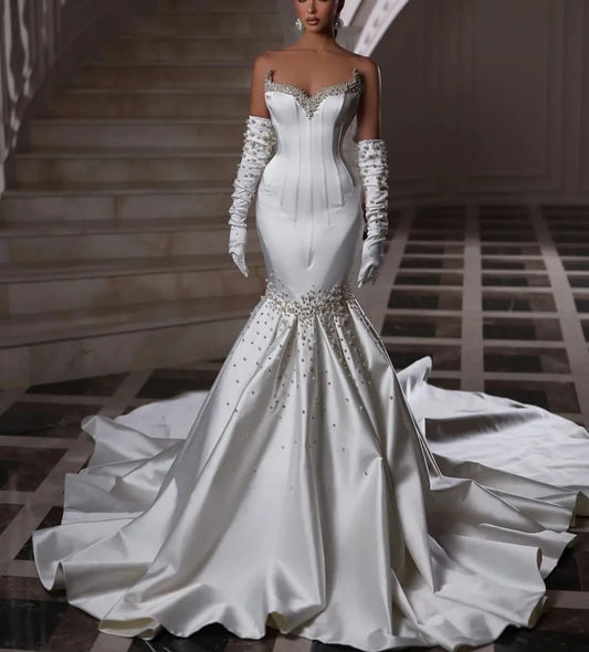 Vintage Strapless Pearls Beading Wedding Dresses Sleeveless Satin Mermaid Bridal Gowns Custom Made Vestidos De Novia