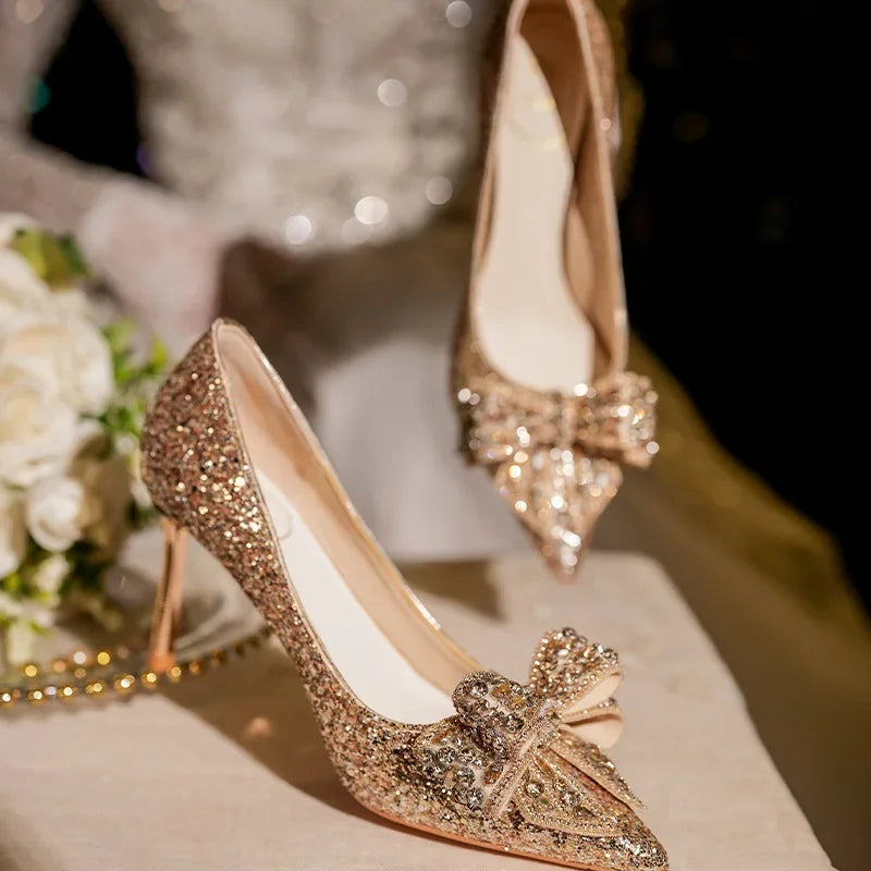 2024 Autumn Luxury Pointed Toe Pumps Sequined Rhinestone Butterfly Women heels Gold Silver High Heels Party Wedding Shoes