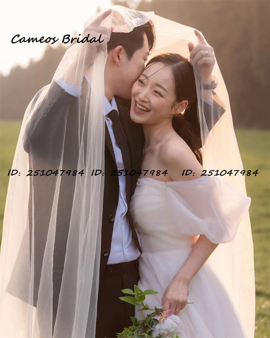 Off the Shoulder Custom Made Wedding Gown  Civil Organza Short Sleeves Korea Ivory  Brides Gowns Women Bridal Dresses