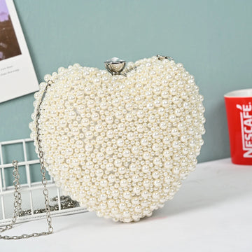 2024 Pearls Heart Shaped Wedding Clutch Purse Full Side Beads Mini Wallets With Chain Shoulder Bags Luxury Designer Handbag