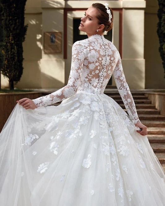 Gorgeous A-Line Wedding Dresses High-Neck Long Sleeves Lace Appliques Bridal Gowns 2024 Tulle Tiered Robes Vestidos De Novia
