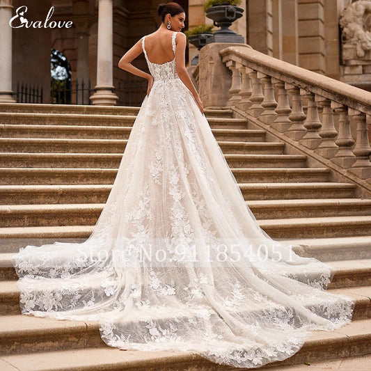 Exquisite Appliques Court Train A-Line Wedding Dress 2024 Classic Square Collar Lace Embroidered Princess Bridal Gown