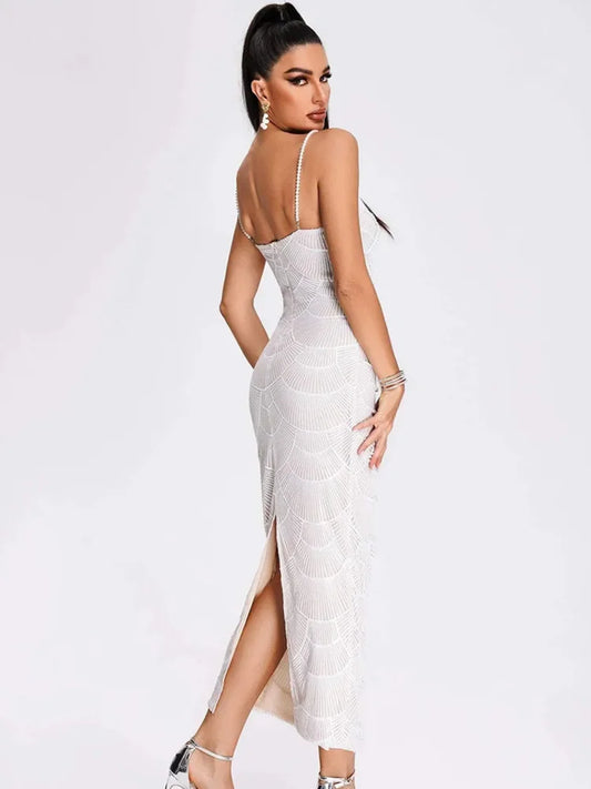 Women Luxury Sexy V Neck White Pearl Beading Cut Out Maxi Long Bodycon Gowns Dress Elegant Evening Party Club Dress