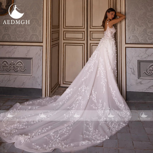 Aedmgh Mermaid Elegant Wedding Dresses 2024 Scalloped Spaghetti Straps Vestido De Novia 3D Flowers Detachable Train Bride Dress
