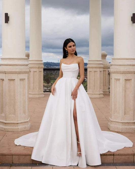 Gorgeous Satin Romantic Wedding Dresses Fascinating Sexy Backless Mermaid Off Shoulder Sleeveless High Split Mopping Bride Gownk