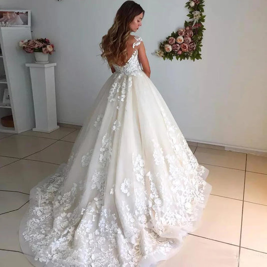 O Neck Ball Gown Wedding Dresses For Women 2024 Lace Bodice Sleeveless Court Train Bridal Dresses Vestido De Novia Robe