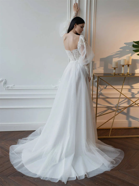 Sexy Sweetheart Neck A-Line Wedding Dresses Long Puff Sleeves Bride Robe Sexy Backless Bridal Gown Appliques Vestidos De Noiva