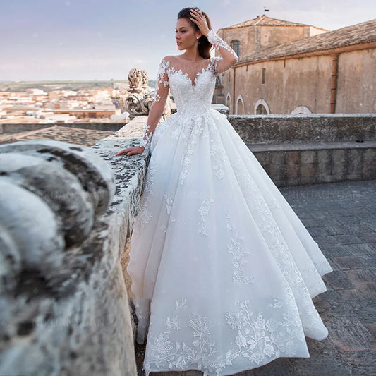 Luxury Wedding Dresses O-Neck A-Line Sexy Bridal Gowns Lace Appliques Long Sleeves Robe 2024 Vintage Vestidos De Novia