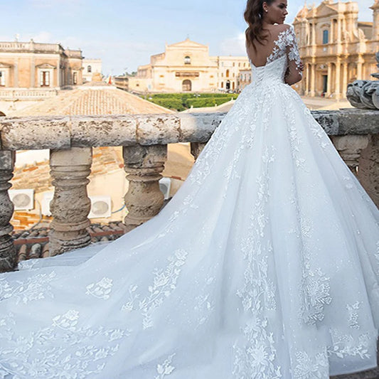 Long Sleeve Wedding Dress for Women 2024 Beaded Appliques Lace Up Sexy V-neck Princess Wedding Ball Gown Vestidos De Novia