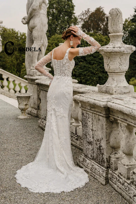 Mermaid Wedding Gown for Bride Square Collar Sleeveless Backless Lacing Up Appliques Chapel Train Robe De Mariee