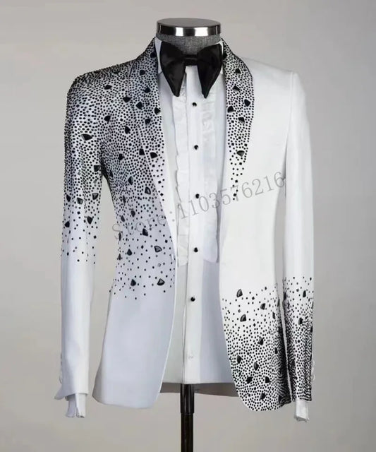 Luxury Beads 2 Pieces Blazer Pants Men Suits Shiny One Button Sheer Lapel Diamonds Formal Party White Wedding Groom
