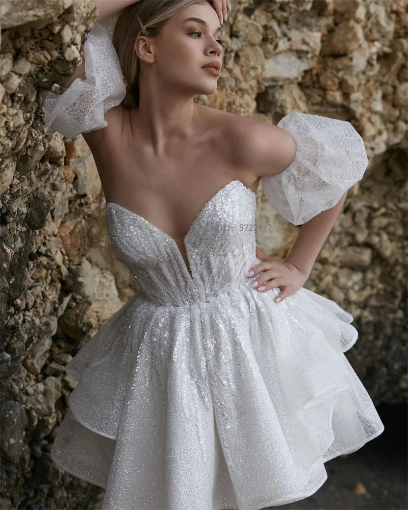 Charming V-Neck A-Line Wedding Dress Short Puff Sleeve Bridal Gowns Custom Made Robe De Mariee Vestido De Novia