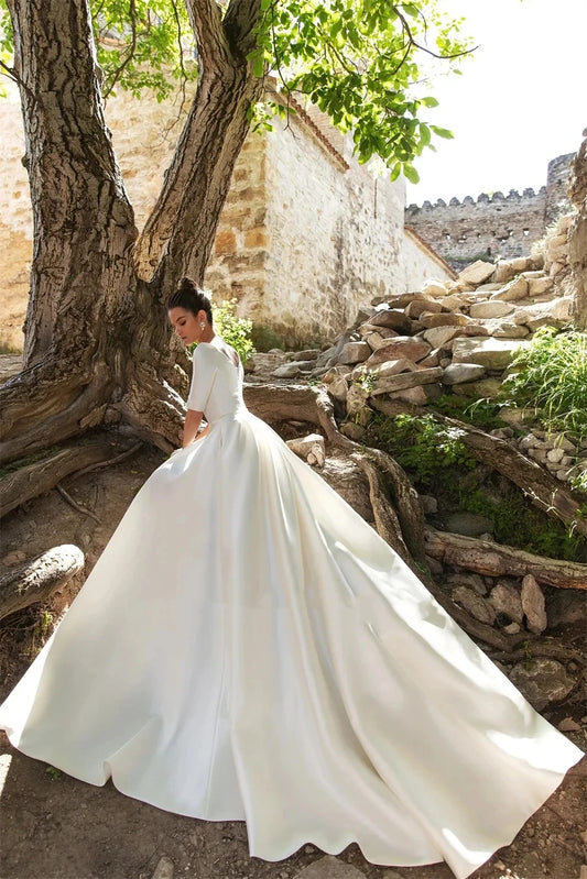 Simple Graceful Wedding Dresses With Pockets Elegant Bridal Gowns A-Line Robes Satin Three Quarters Sleeves Vestidos De Novia