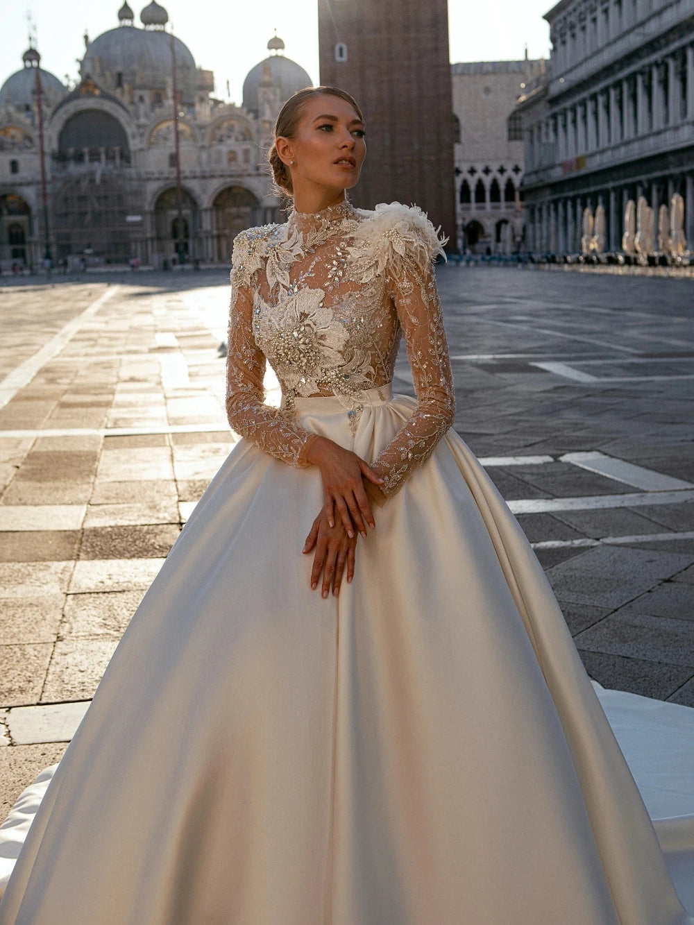 Modest High Collar Wedding Dress Sparkly Sequins Beads Bride Robe 2024 Elegant A-line Appiliques Long Bridal Gown Robe De Mariée