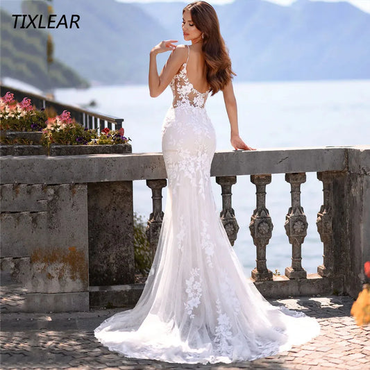 TIXLEAR Elegant Mermaid Wedding Dress V-Neck Spaghetti Straps Lace Applique Backless Bridal Gown Floor Length Vestidos De Novia