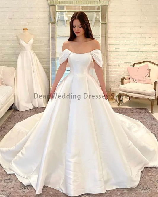 Gorgeous Women's Wedding Dresses A Line Pleat Satin Sexy Off The Shoulder Princess Prom Bride Gowns Formal Sweep Train Vestidos