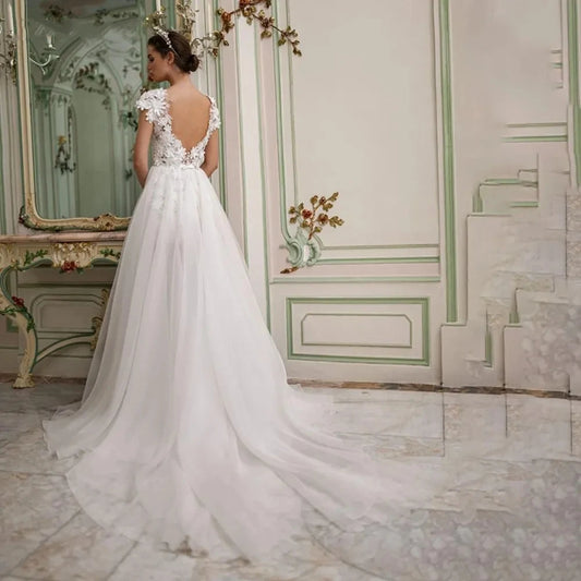 Modern Wedding Dresses 3D Flowers Lace Detachable Train Bridal Robes 2024  High Low Elegant Gowns For Brides Vestidos De Novia