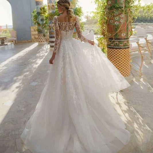 Exquisite Lace Tulle A Line Wedding Dresses O Neck Long Sleeve Bridal Gowns Morden Embroidery Button Pleat Vestido de Novia 2024